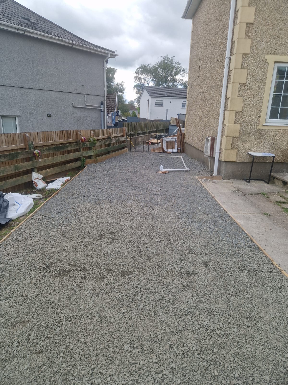 Driveway during refurbishment after preparation and stone installation